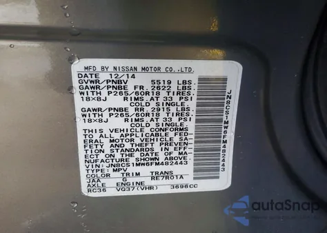 2015 Infiniti Qx70 z USA, uszkodzony, nr VIN JN8CS1MW6FM482443